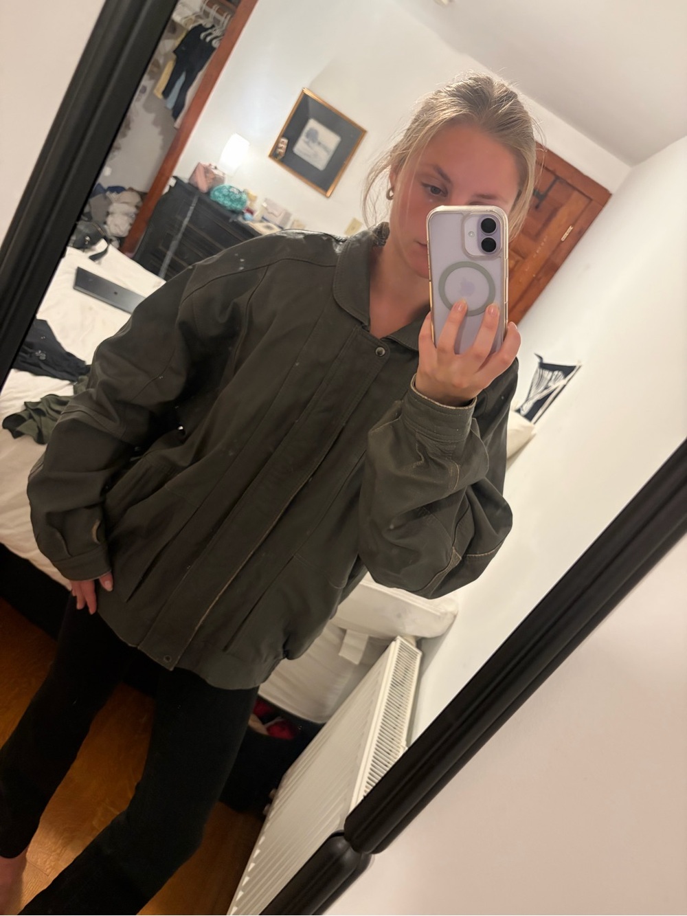 Grey leather bomber jacket